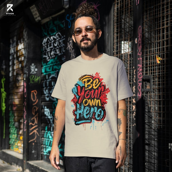 Be Your Own Hero Graffiti Typography T-Shirt – Sandstone Beige